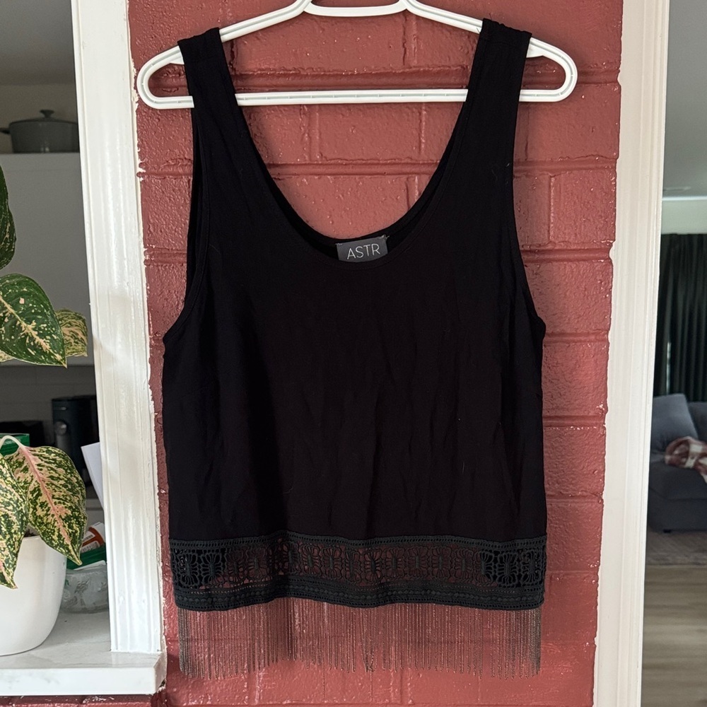 ASTR Black Tank with Lace Band and Metal Fringe Large